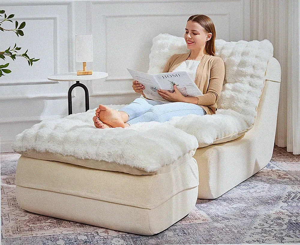 Comfy White Sofa Couch for Small Spaces with Footrest and Recliner