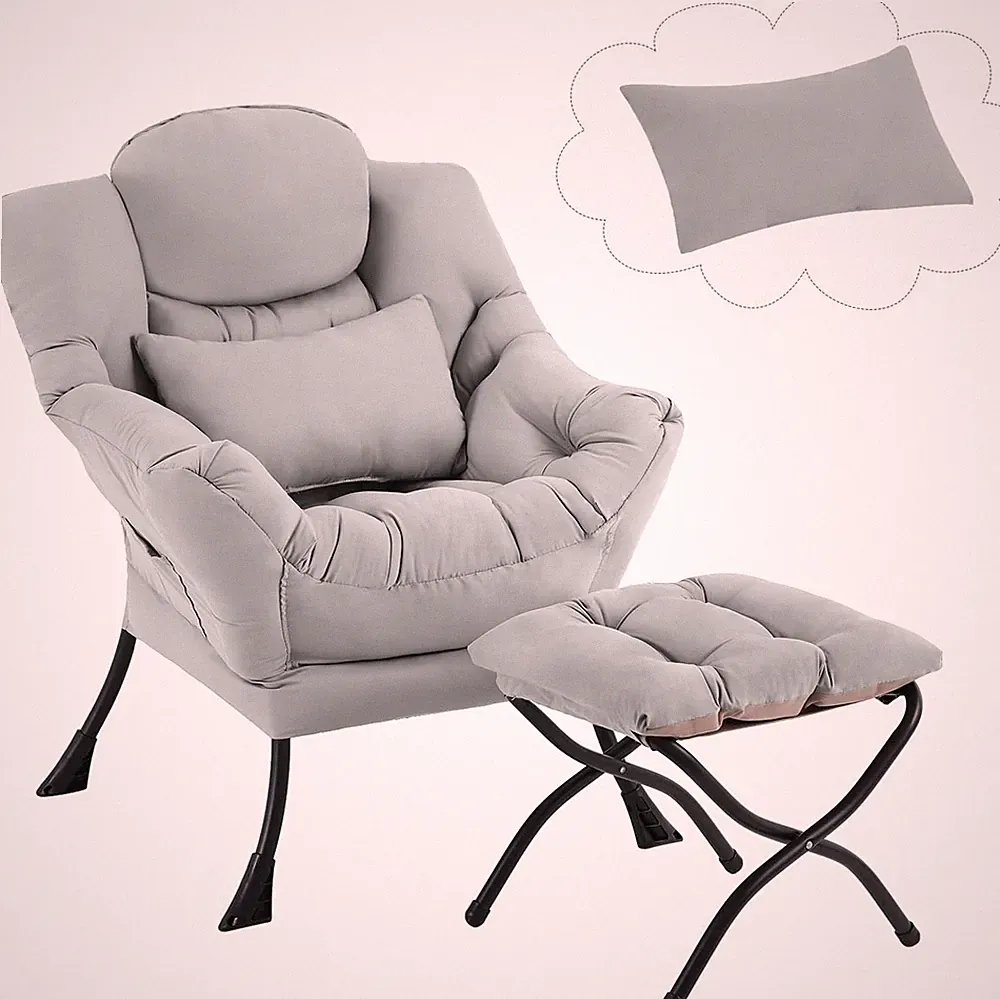 Cozy Modern Lazy Chair with Ottoman and Lumbar Pillow - Light Grey