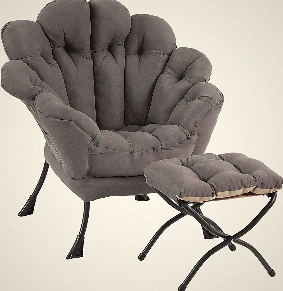 Modern Floral Lazy Chair with Ottoman - Oversized Lounge Accent Chair, Dark Grey