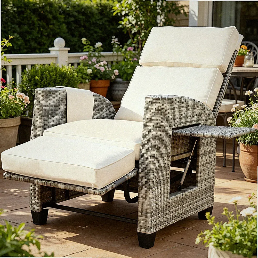 Patio Recliner Outdoor Recliner with Flip-up Table, Adjustable Backrest Footrest